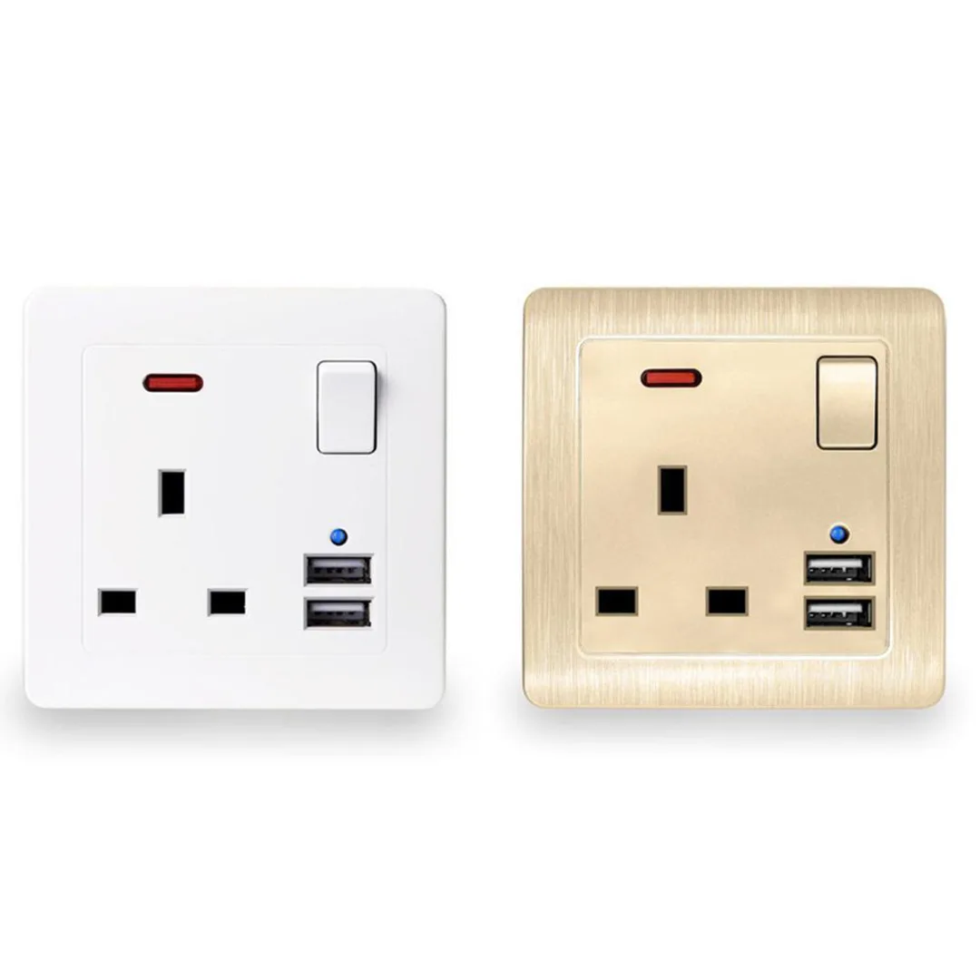 

13A White Plastic Single Wall Socket Plug Outlet Switch Multifunctional Panel UK Plug Socket With 2 USB Port