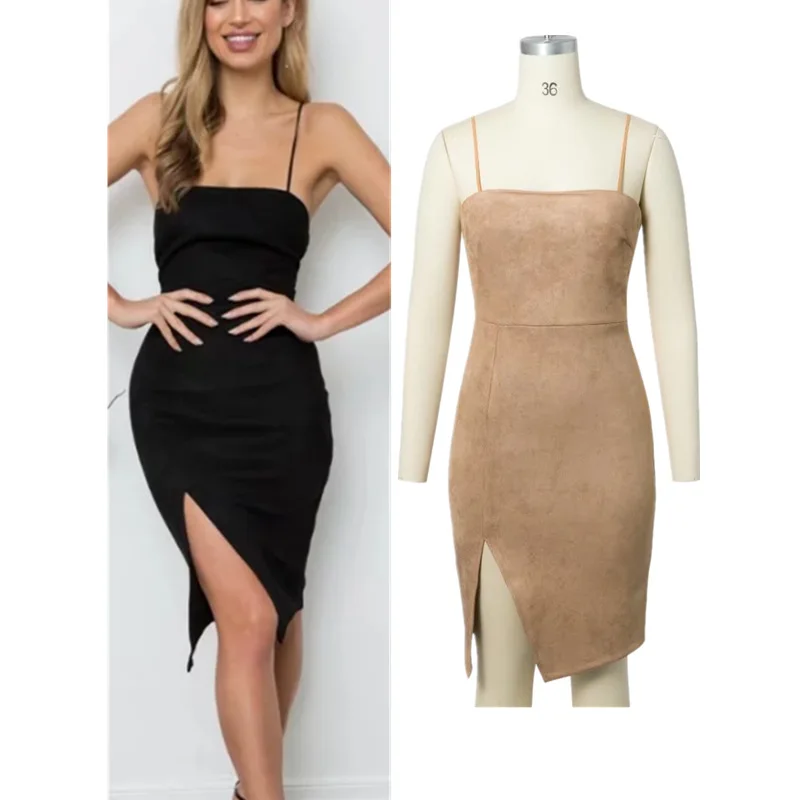 

2019 new Suede Fabric Backless Dress Designed Stylish Side Slits Bandage Dress Straps Dress