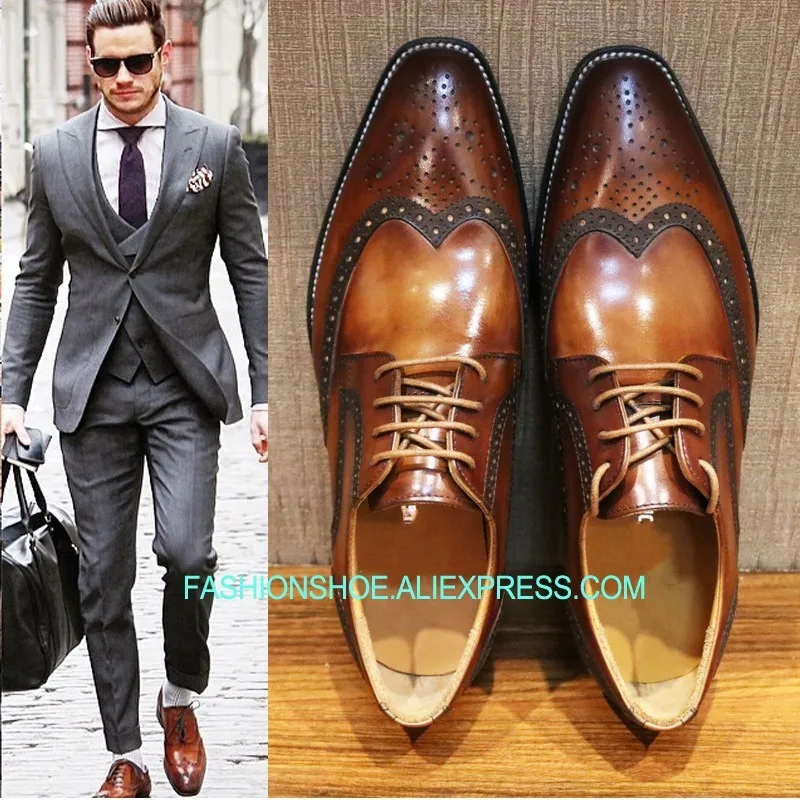 

Light Brown Black Carved Brogue Shoes for men Handmade Men Oxfords Dress Shoes