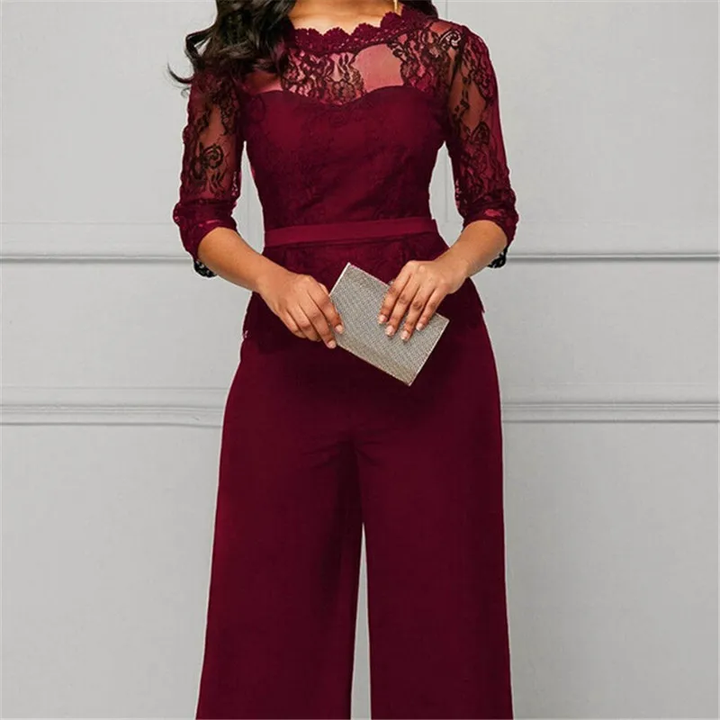 

Elegant Sexy Jumpsuits Women Long Sleeve Lace Patchwork Jumpsuit Loose Trousers Wide Leg Pants Rompers Holiday Leotard Overalls