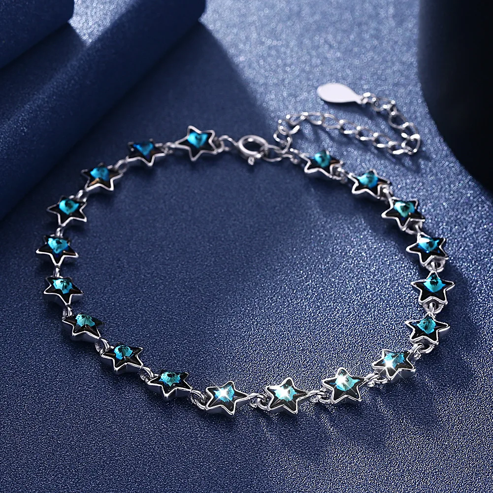 

High quality 925 sterling silver jewelry full blue crystal stars link bracelet for women fine wedding jewelry +gift box