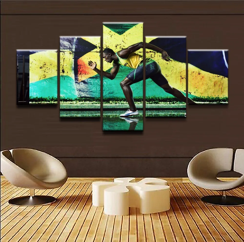 

Wall Art Canvas Painting Poster Wall Pictures For Living Room Home Decorative Modular Pictures 5 Panels Sports Usain Bolt