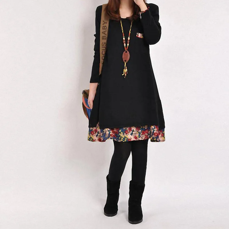 

Winter Spring Women Long Sleeve Boho Maxi Tunic Kaftan Floral flower printed Casual Dress