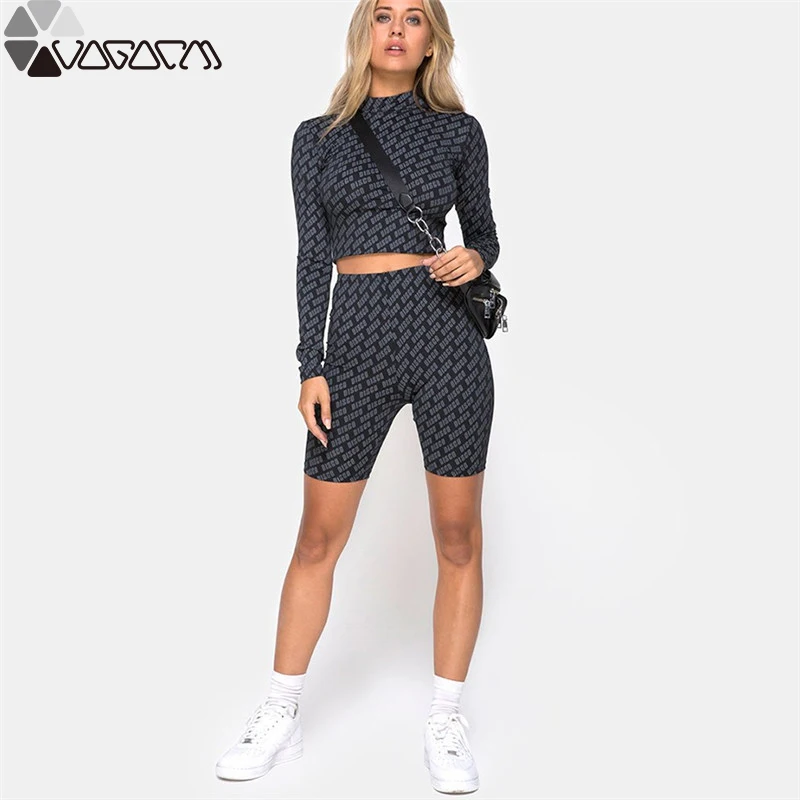 

Cool Fashion Women Yoga Sport Two Piece Wear High Waist Letters Printing Middle Collar Full Sleeve Mujer Fitness Gym Clothing