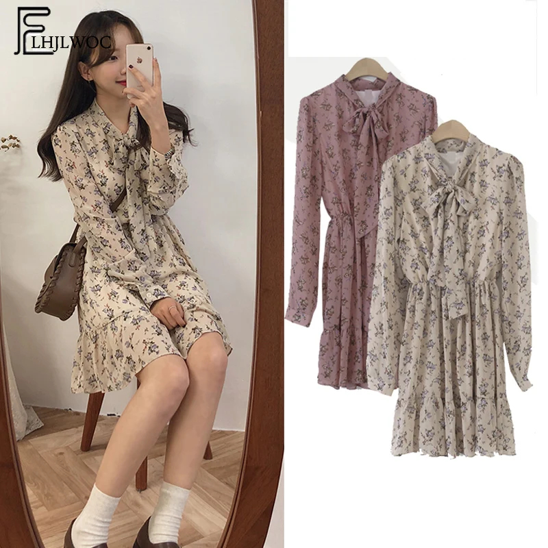 

Chiffon Dresses Hot Women Fashion Long Sleeve Slim Elastic Waist A Line Pink Bow Tie Shirt Dress Floral Printed Vintage Dress