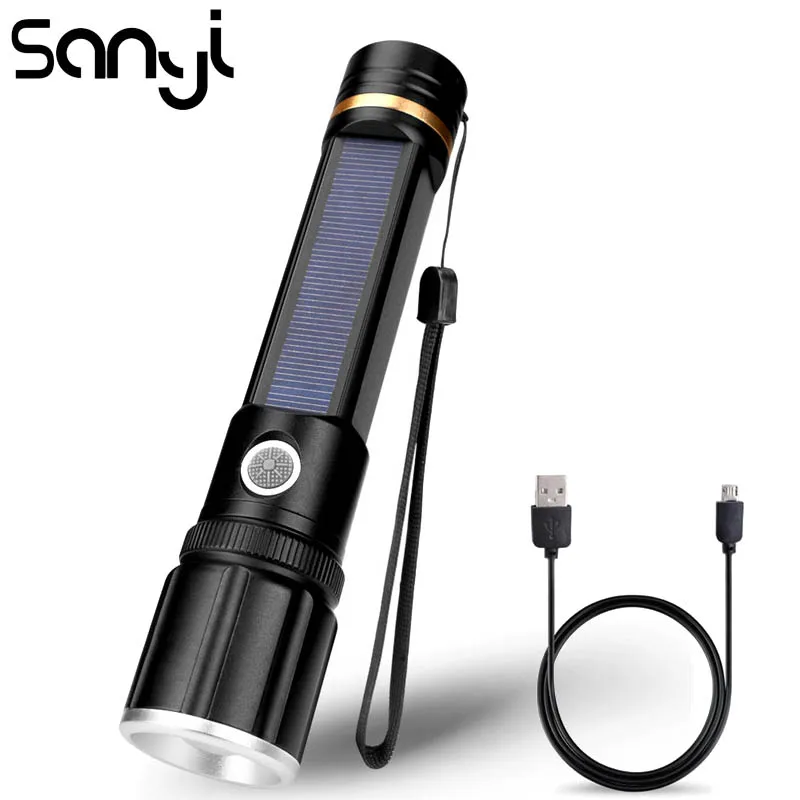 

SANYI 3 Modes Flashlight Torch 40000LM Charging by Solar or USB Built-in Battery Working Lighting Portable Lamp Zoom Lantern