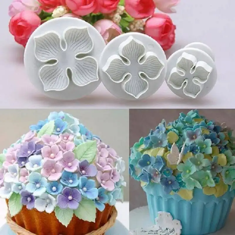 

3Pcs/Set Silicone Hydrangea Fondant Cake Decorating SugarCraft Cookies Plunger Cutter Flower Blossom Mold Tools