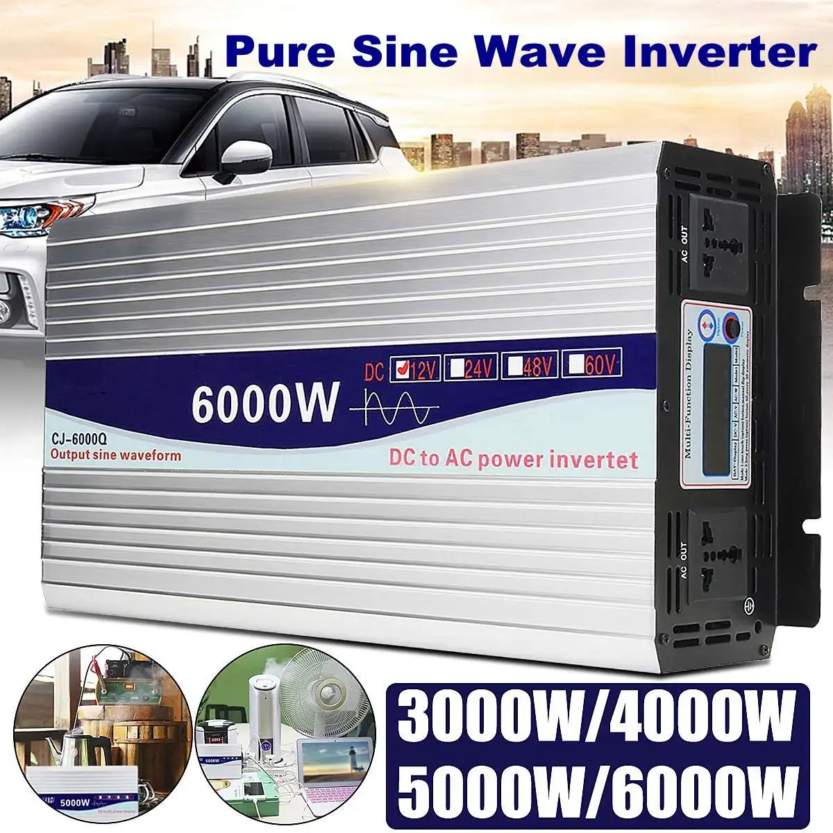 Инвертор 12 V/24 V к переменному току 220V 3000/4000/5000/6000W Напряжение трансформатор с немодулированным синусоидальным сигналом Мощность преобразователь Светодиодный Дисплей