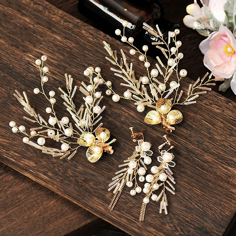 New Gold Color Hair Clips Handmade Beaded Simulated Pearls Headdress Fashion Girls Barrettes