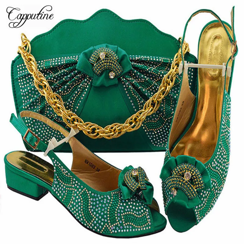 

Capputine Italian PU Leather Crystal Shoes And Bag Set African Desgin Woman Pumps Shoes And Purse Set For Party Free Shipping