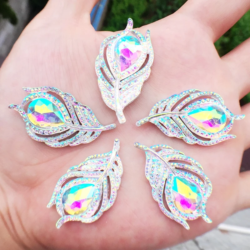 

10pcs 20*38mm White AB Resin Rhinestones Flat Back Leaf Gems Button For Clothes Dress Crafts Garment decoration-B070