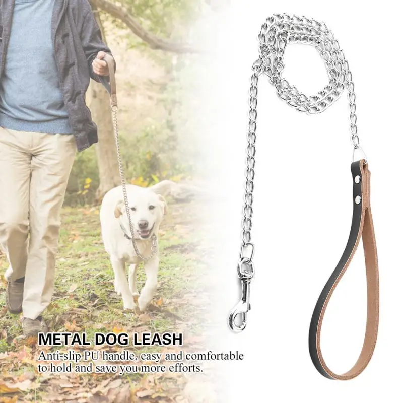 Metal Dog Leash Training Collar Rope Lead Strap Adjustable Training Lead Pet Dog Leash with PU