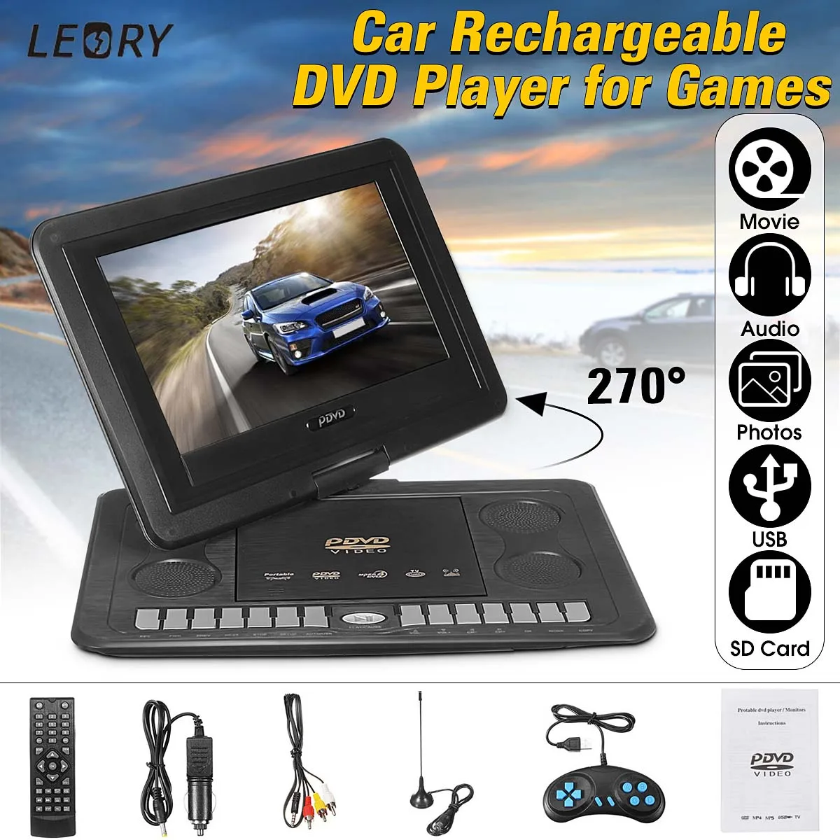 

CLAITE 13.3 inch Portable In Car DVD Player Game Remote Control High Definition DVD Players 270 Degree Rotate Screen for AU Plug