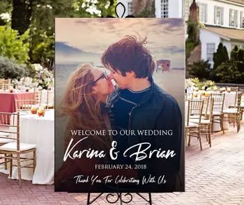 

welcome to our wedding and thank you for celebrating with us,personalized wooden photo name & date rudtic wedding welcome sign