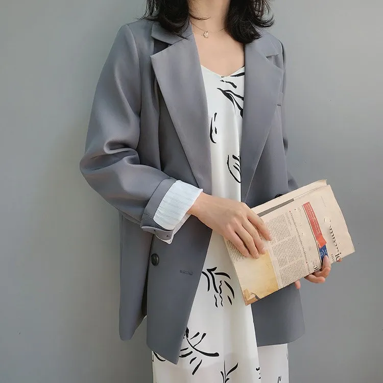 Spring Chic Loose Blazer Notched Women Coat Double Breasted Long Suit Jacket Female Office Casual Blazer