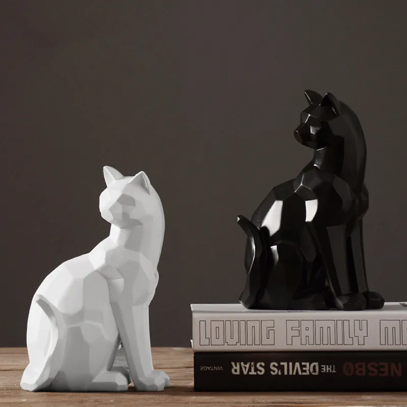 

Origami style white and black geometric cat sculpture ornaments abstract animal figurine ornaments modern home decorations