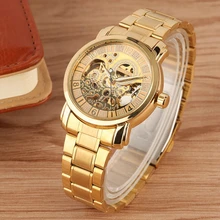 WINNER Watch Men Skeleton Automatic Mechanical Watch Full Gold Stainless Steel Clocks Watch Top Brand Luxury Wrist Watch for Man top luxury men watch casual business simple waterproof gold stainless steel wrist watch men calendar automatic mechanical watch