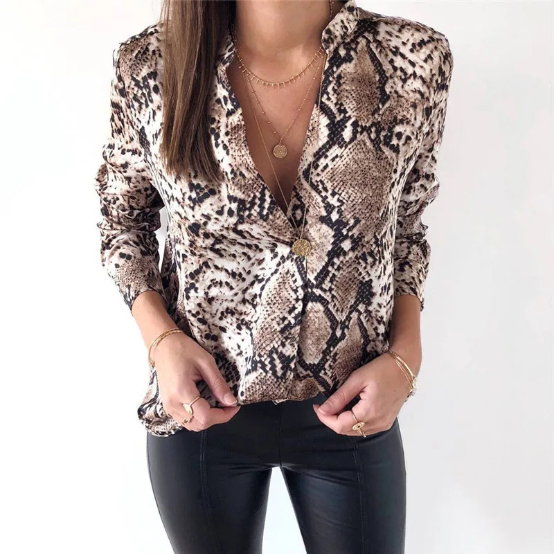Женская с v-образным вырезом леопардовая печать свободные топы женские с длинным рукавом Повседневная рубашка блузка Осень Весна одежда *