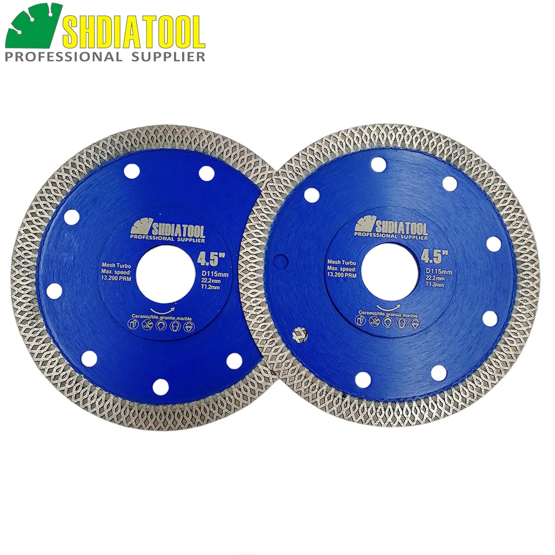 SHDIATOOL 2units Dia 4.5inch/115mm Hot pressed X Mesh Turbo Diamond Saw blade Diamond height 10MM Cutting Disc for Ceramic Tile