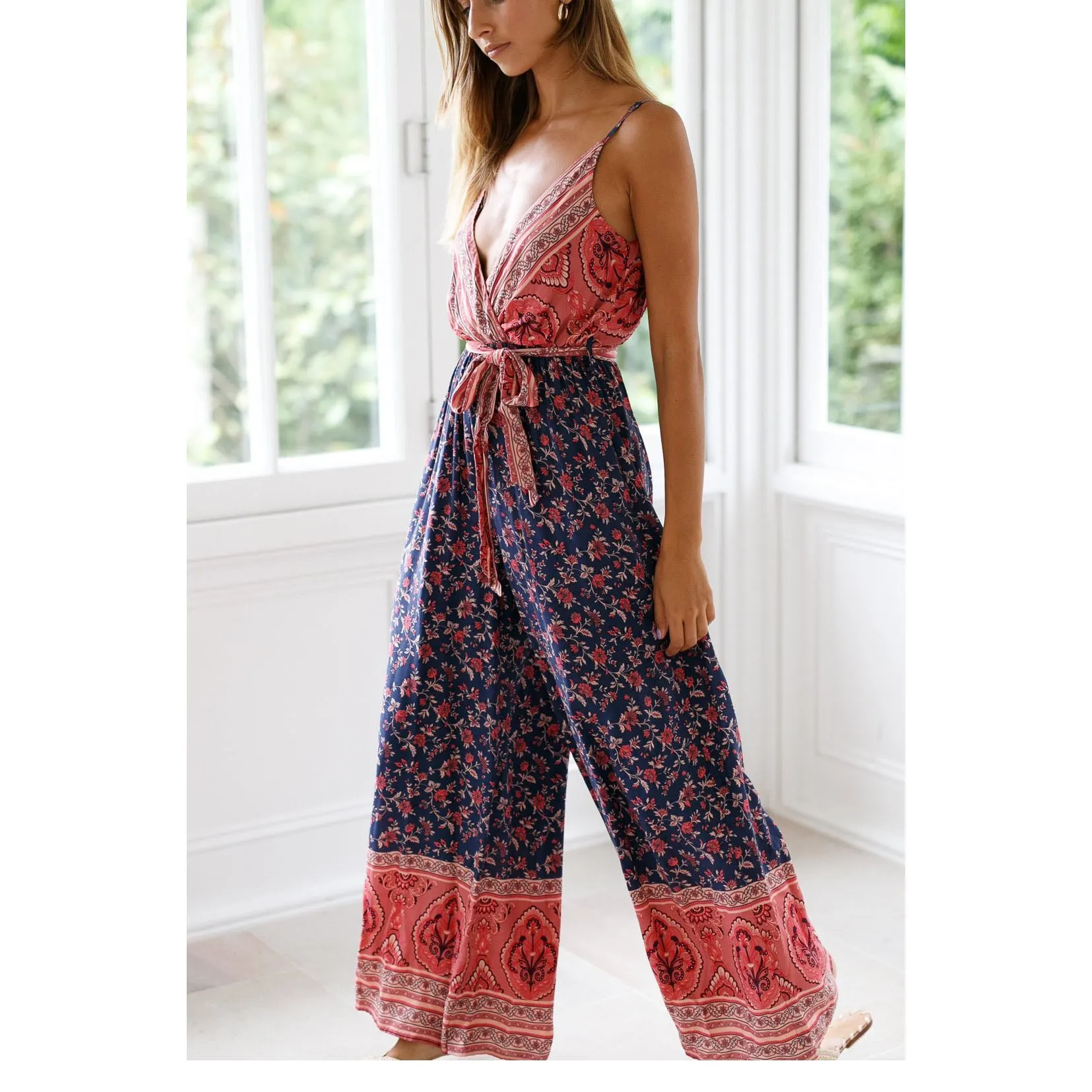 Bohemian Women Wide Leg Jumpsuits Split Bow Long Beach Jumpsuits Loose Female Print Sexy Rompers