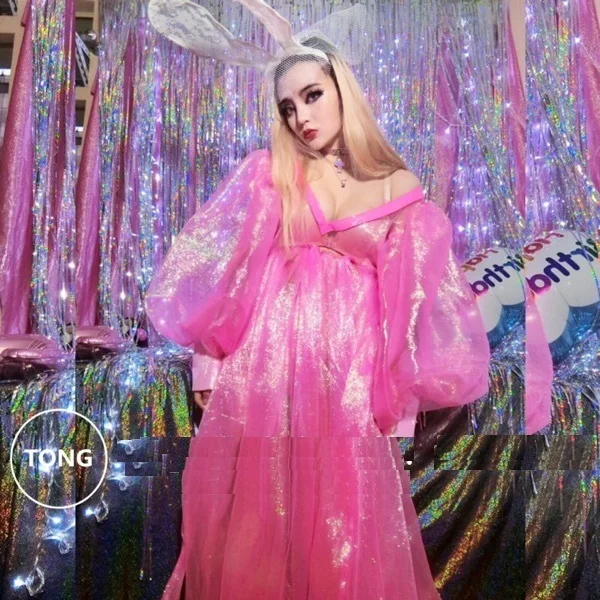 

Vintage lantern Sleeve tropical laser Shine Chiffon Pink Jacket Coat Women Sexy Pajama Party Costumes Adult Girls Bling Hologram
