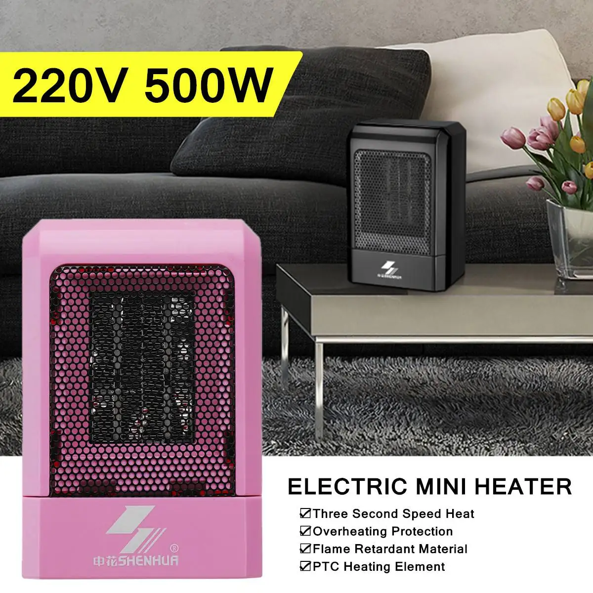 

500W 220V Portable Electric Mini Fan Space Heater Winter Warm Home Office Desk US Plug PTC Ceramic Heating ABS Pink Black
