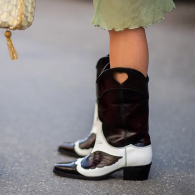 

Bottes Femme 2019 Nouveau Cutout Heart Leather Cowboy Boots Thick High Heels Mid Calf Women Boots Embroidered Butterfly P