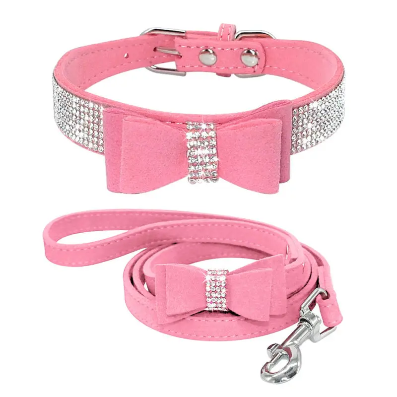 Suede Rhinestone Dog Collar Luxury Crystal Bow Tie Dogs Cat Collars