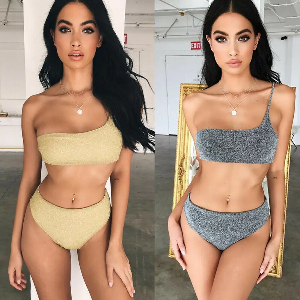 

Women Shiny One Shoulder Padded Push Up Bikini Sets High Waisted Sexy