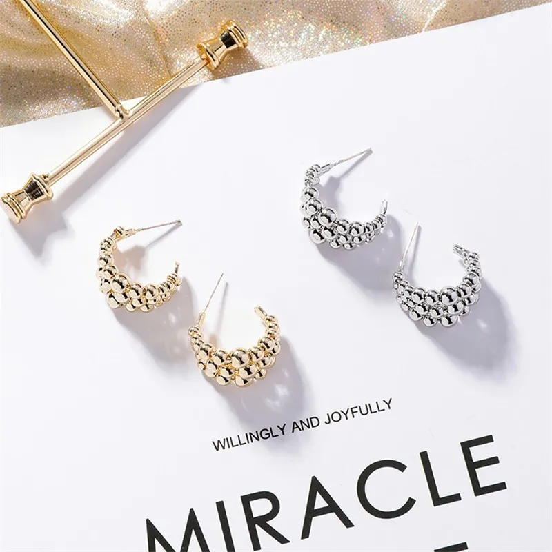 

Korean Fashion Copper Beads Gold Silver Color C Shaped Hoop Earrings For Women boucle d'oreille femme 2019 Bijoux