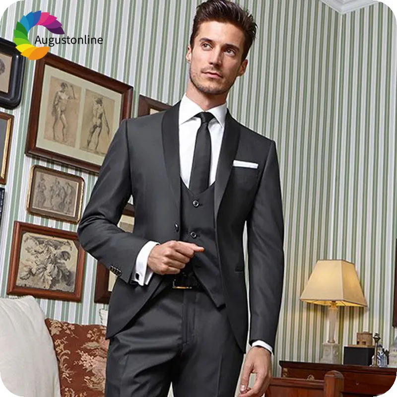 Dark Grey Wedding Suits Man Blazer Jacket Black Shawl lapel One Button Italian Groom Tuxedos Groomsmen Suit Costume Homme Ternos