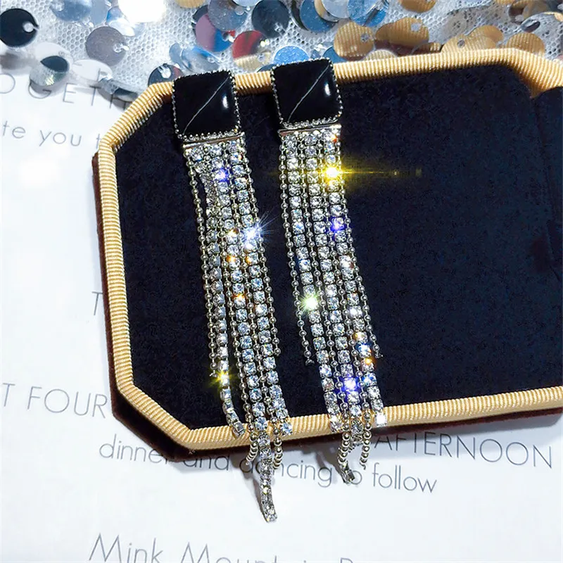 FYUAN модные длинные кисточки Кристаллы серьги для женщин Bijoux Черная Эмаль Стразы висячие серьги массивные Ювелирные изделия Подарки