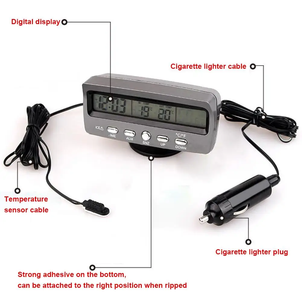  3-in-1 Multifunctional Car Clock Indoor Outdoor Thermometer Voltmeter Vehicle ABS Material Clock Wi
