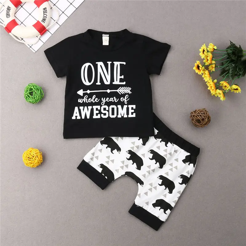 Одежда для малышей комплект одежды для мальчиков для новорожденных детская одежда мой первый день рождения футболки милый медведь шаровары Летняя одежда для малышей Комплект