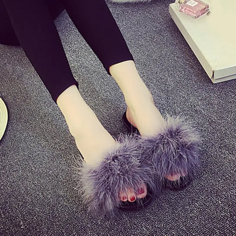 

New Flip Flops Summer flat shoes Sweet Sexy Women's Fur Fluffy Slip On Sandals Feather Slippers