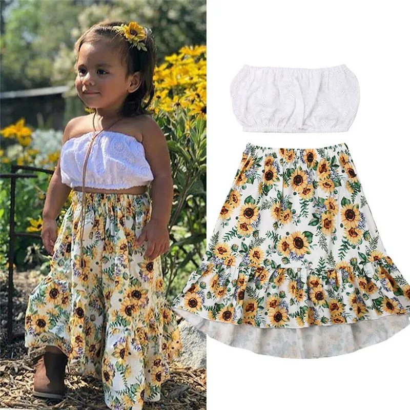 Toddler Sunflower Long Skirt Boho Holiday Beach Clothes Set For Girl