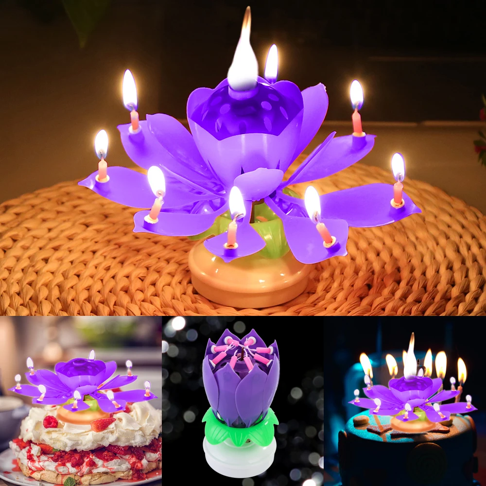 

Innovative Party surprise Happy Birthday w/ 8 Small Candles Cake Topper Musical Lotus Flower Rotating Candle Superior Material