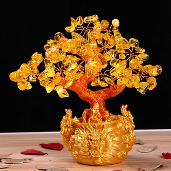 

Natural Crystal Topaz Stone Three Dragons Rich Tree Bosai Opening Gifts Wedding Home Decoration Gift Mascot Lucky Bosai Plant
