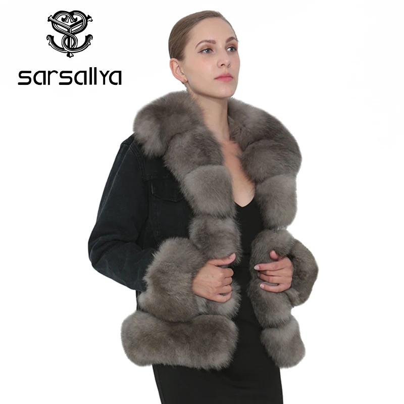 SARSALLYA натуральным лисьим мехом джинсовая куртка Модные женские туфли пальто
