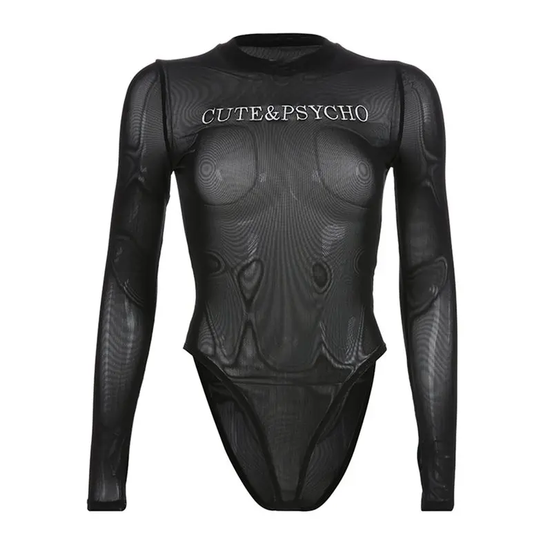 

Rosetic Sexy Bodysuit Women Mesh Transparent Gothic Letter Print Streetwear Long Sleeve Rompers Club Skinny Overalls Body Suits