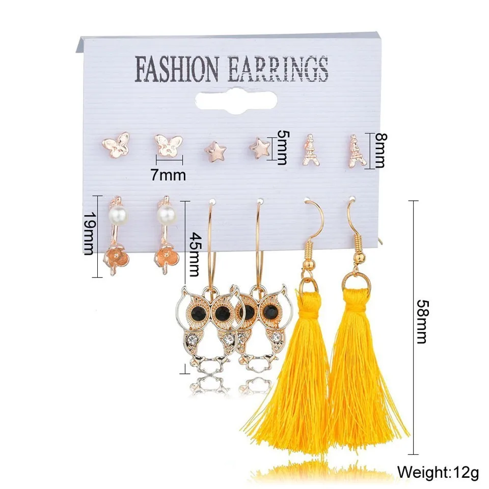 

Fashion Drop Earrings For Women Pearl Flower Rhinestone Owl Tassel Earrings Trendy Handmade Earing Wedding Jewelry 6Pairs/set