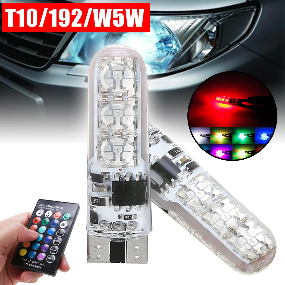 

2pcs T10/192/W5W 5050 LED RGB Multi-color Car Interior Wedge Side Light 12V 120LM Strobe Lamp with Remote Controller