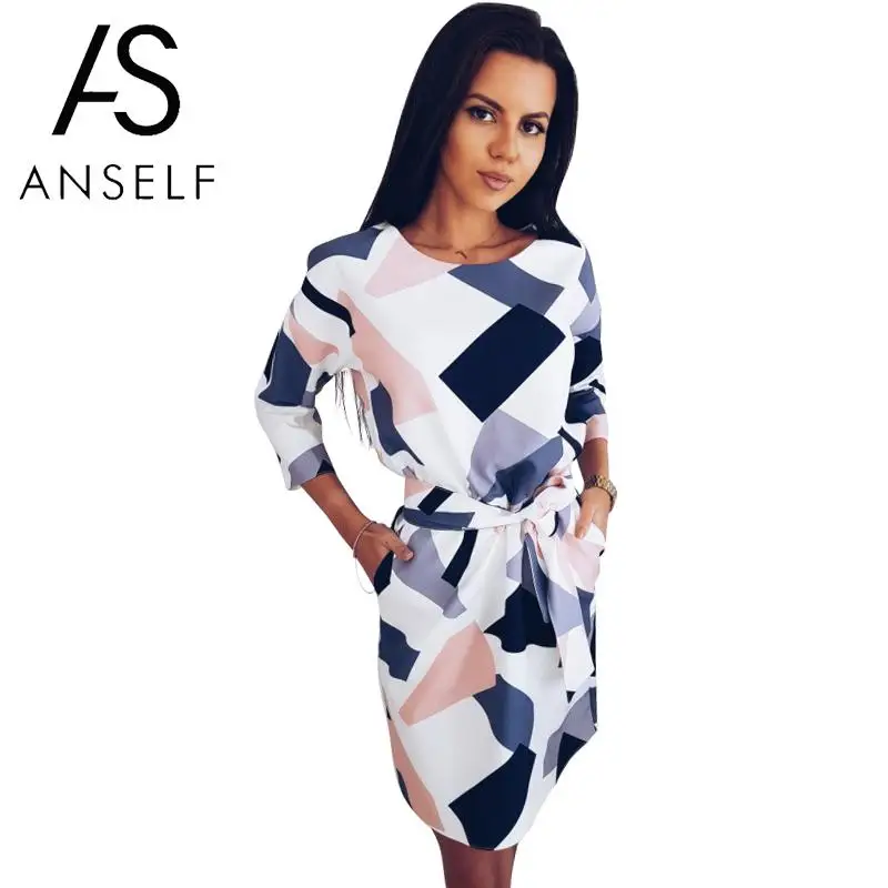 

Autumn Dress 2019 New Fashion Women chrismas Dress Color Block Geometric Pattern 3/4 Sleeve Slim Lady Belted Dress Blue Ropa