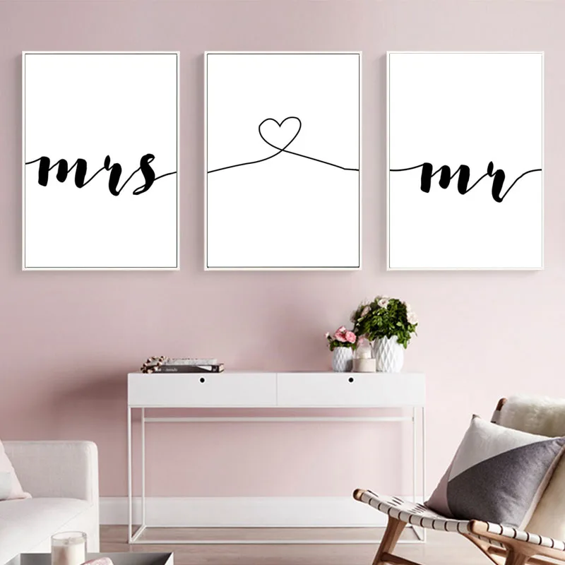 Canvas Painting Mr Heart Mrs Family Simple Quotes Couple Anniversary Poster Picture Living Room Wall Art Decor Minimalist Print | Дом и сад