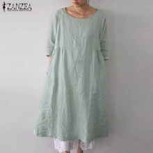 Льняное платье размера плюс, женский сарафан с коротким рукавом,, ZANZEA, модные женские рубашки, платье до колен, вечерние платья, женское платье, S-5XL