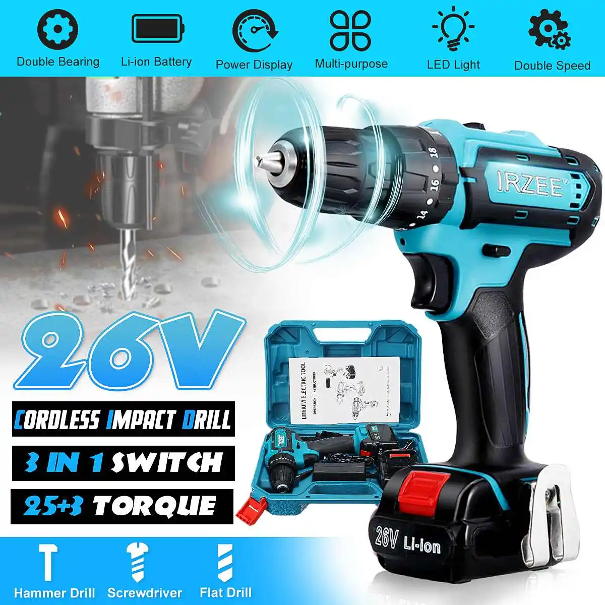 

New 26V 35N.m Electric Screwdriver Cordless Electric Impact Drill Power Driver Li-Ion Battery 2-Speed 10mm DIY Home Power Tools