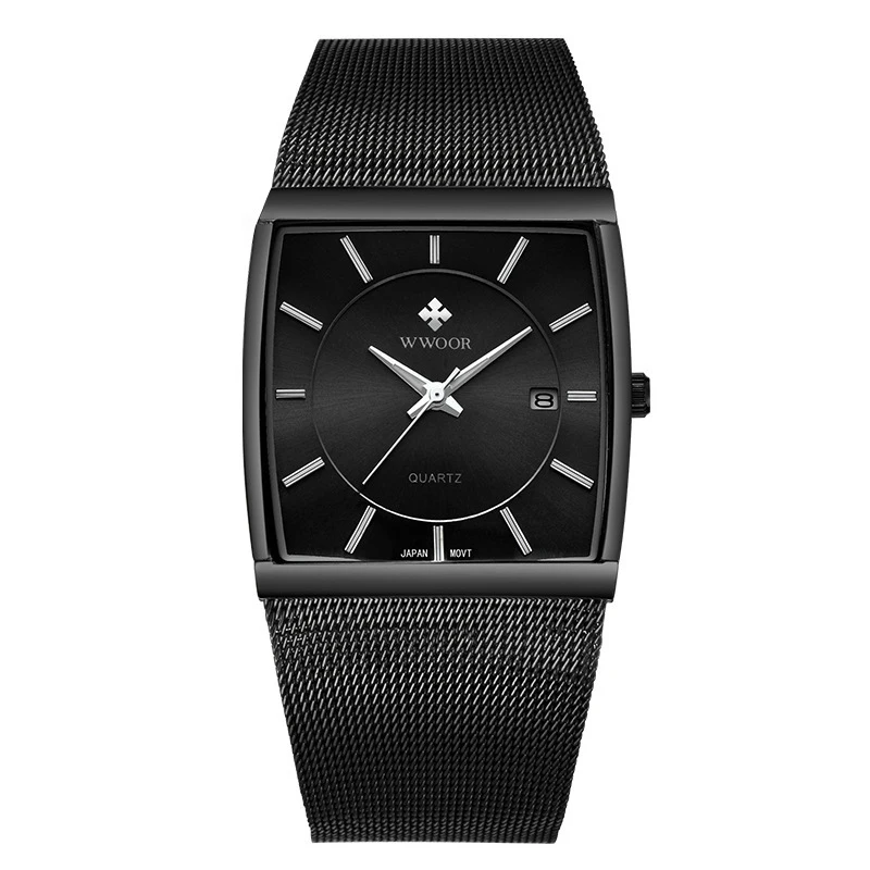 

Wwoor Mens Square Quartz Watches Waterproof Date Stainless Steel Mesh Business Men Wrist Watch