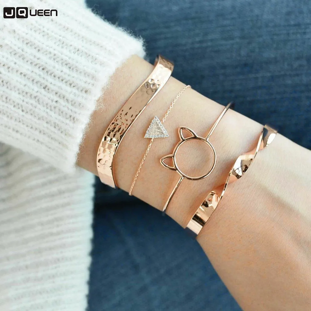 

Luxury Bulgaria Gold Cute Cat Triangle Curve Shape Layered Bangle Set For Women Open Adjustable Charms Bracelets Set Jewelry