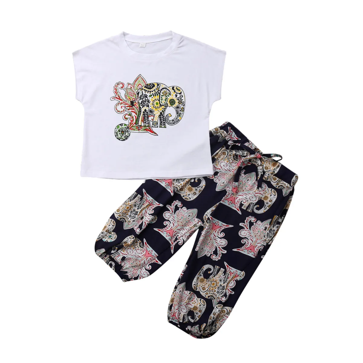 

2019 Summer Toddler Kids Girl Short Sleeve Elephant T-shirt Tops Flower Long Pant Trouser 2PCS Outfits Girls Clothing Set