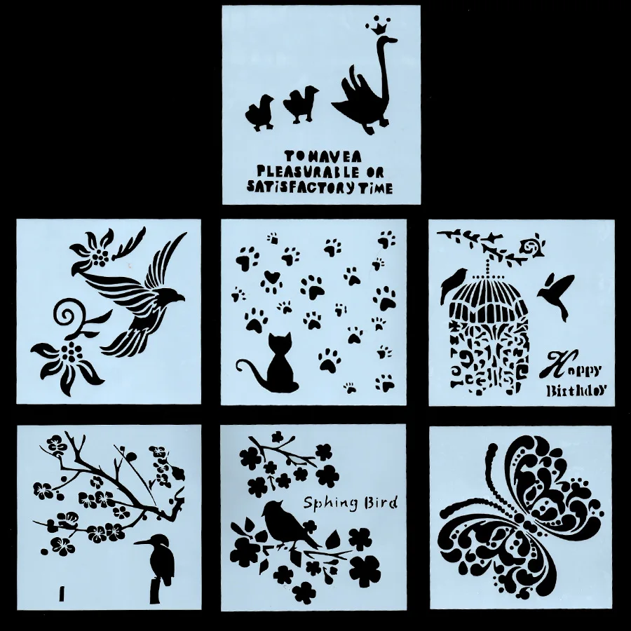 

7Pcs/Set 13cm Bird Cat Cage DIY Craft Layering Stencils Painting Scrapbooking Stamping Embossing Album Paper Card Template